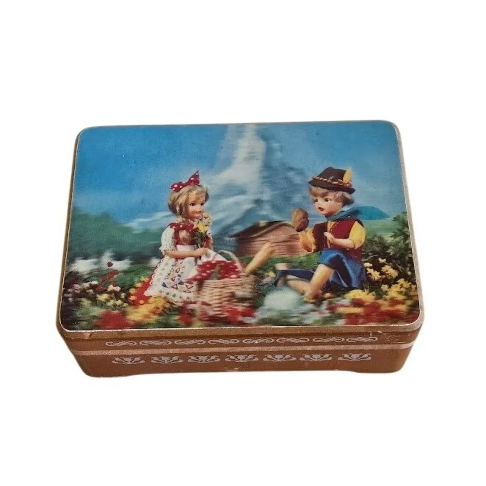 Music Wood Jewelry Box Vintage Schmid Bros 3D Bavarian Picnic Scene Edelweiss